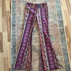 Paisley print; cotton and rayon stretch pants.